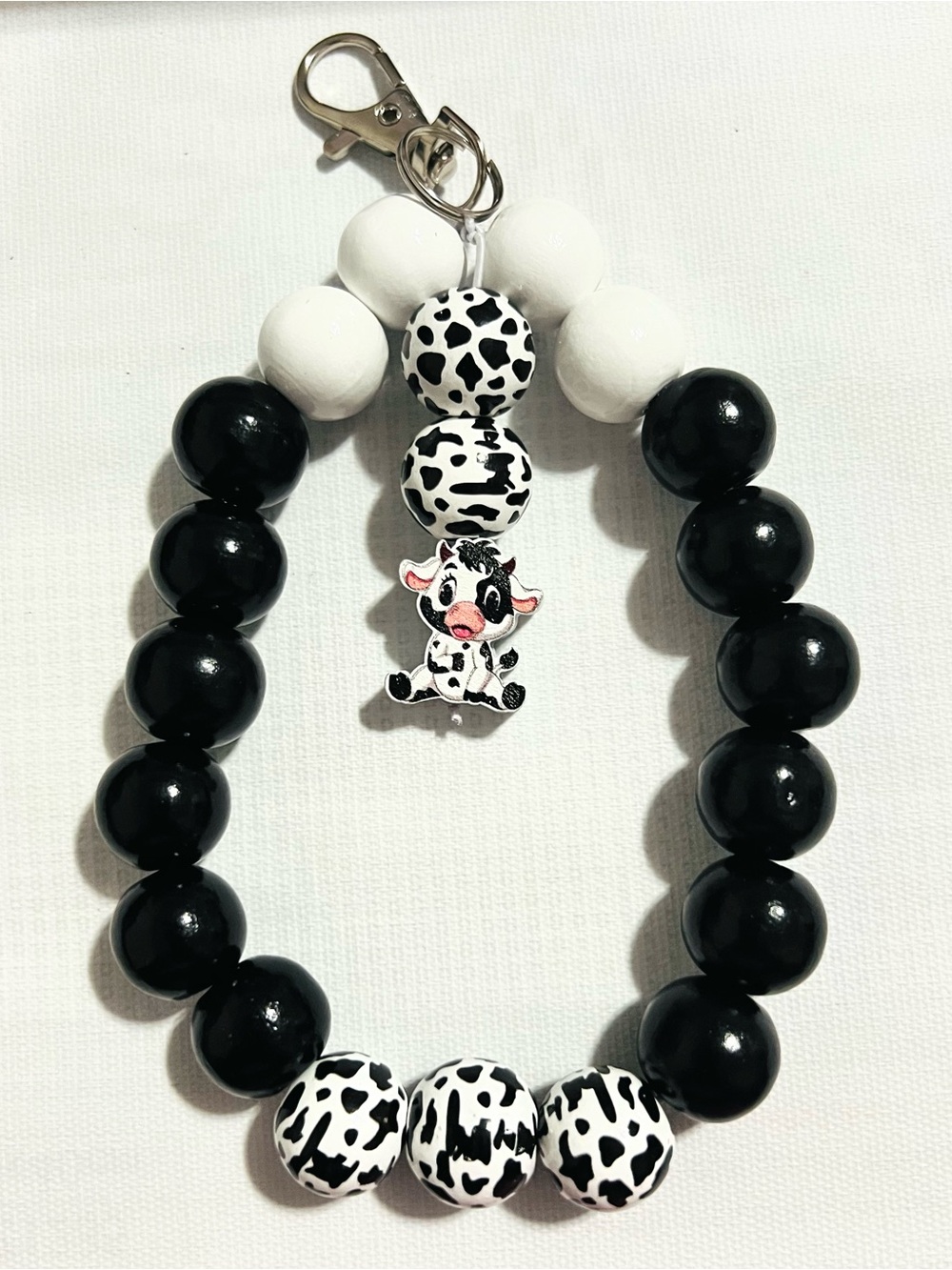 Black & White Cow Print Beaded Keychain